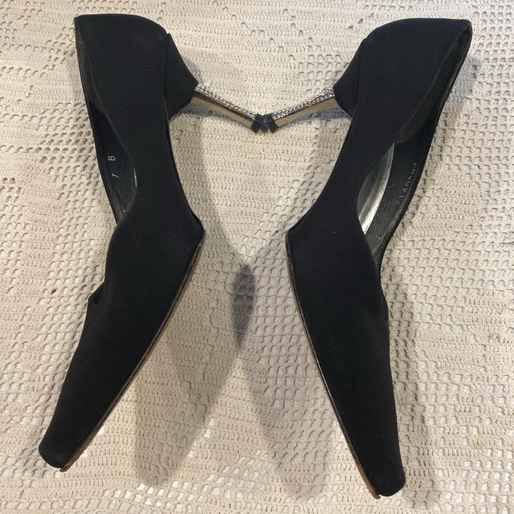 STUART WEITZMAN BLACK FABRIC SHIES WITH CRYSTAL HEELS SHOES, Size 7B